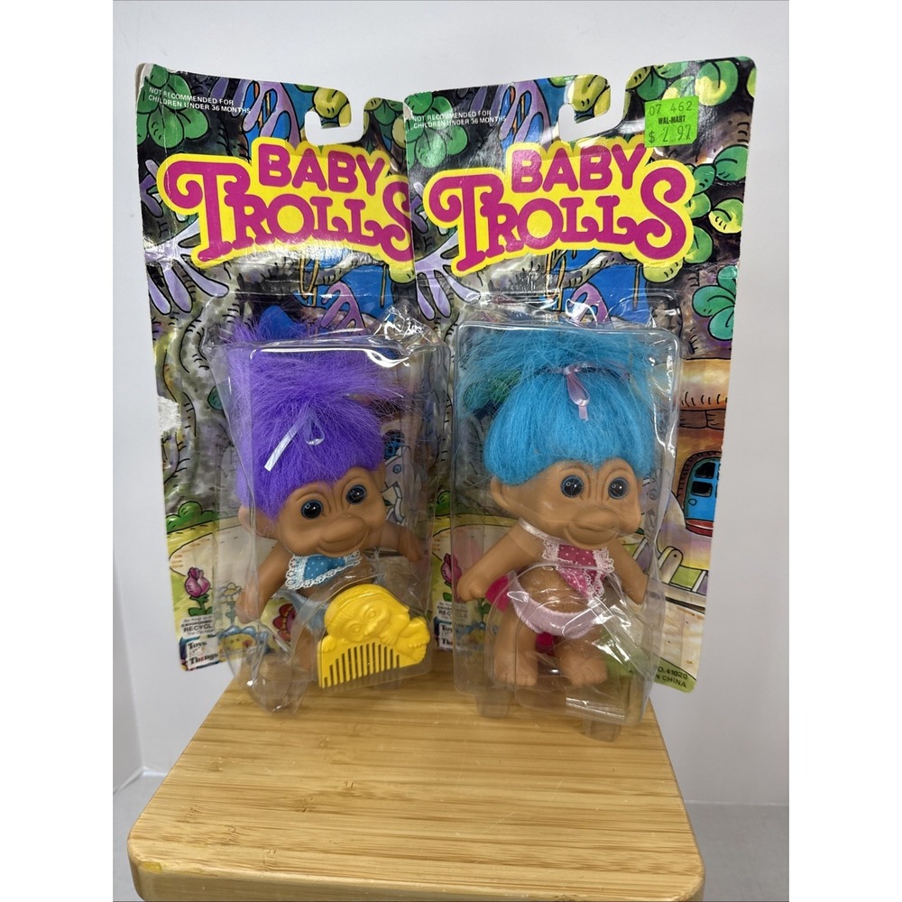 Vintage 90's Baby TROLLS Dolls 6" Toys N' Things‎ Purple Blue Hair In Package